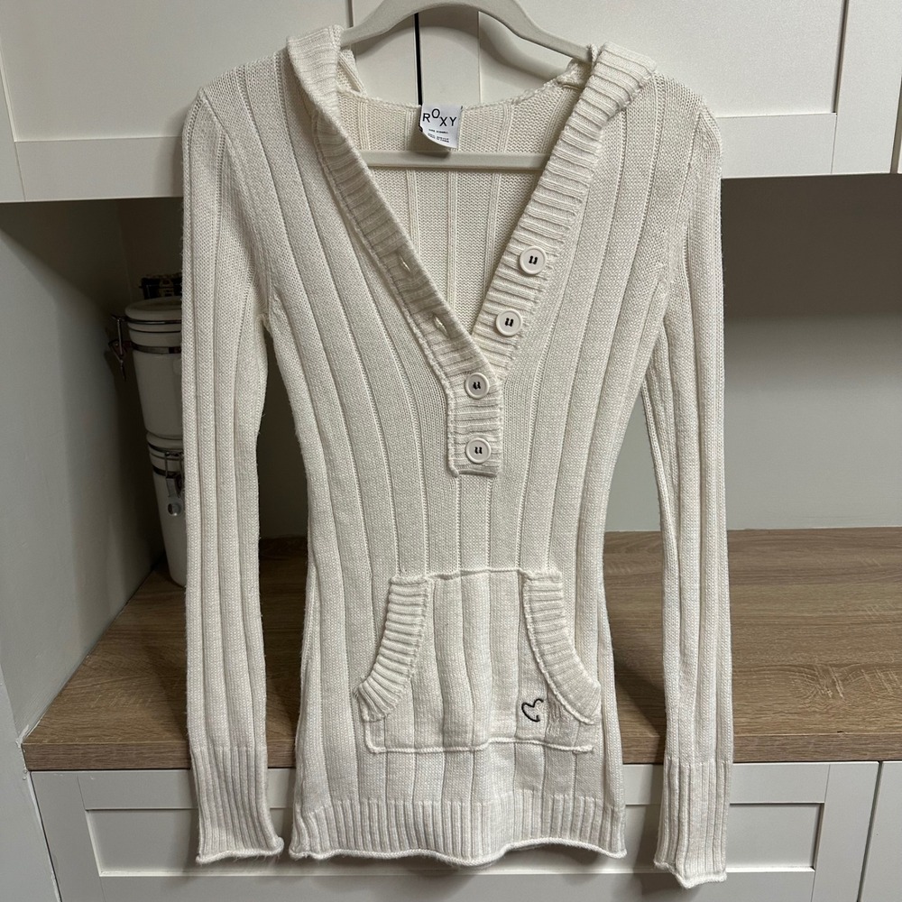 Vintage Roxy Y2K White Ribbed Knit Hooded Henley Sweater Womens XS Bella Swan